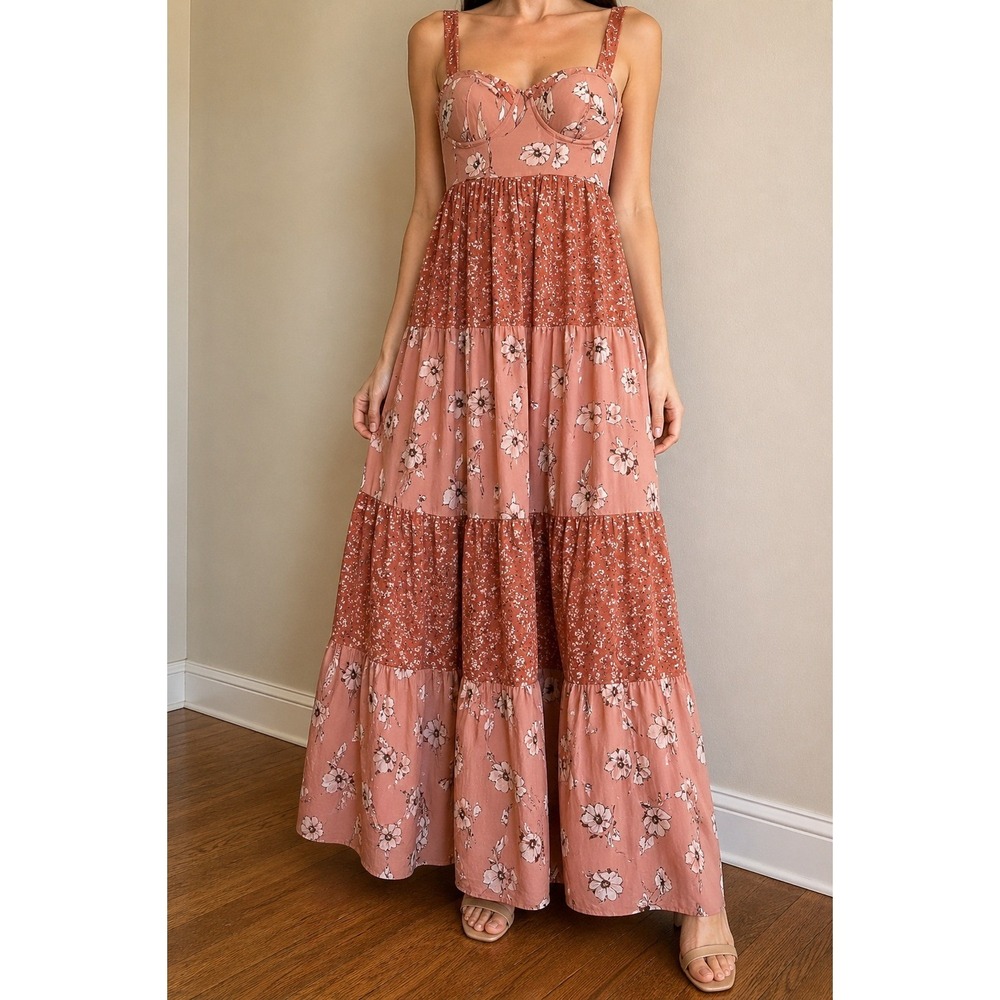 Floral‎ Milkmaid Maxi Dress XS Tiered Babydoll Boho Cottagecore Smocked Sundress